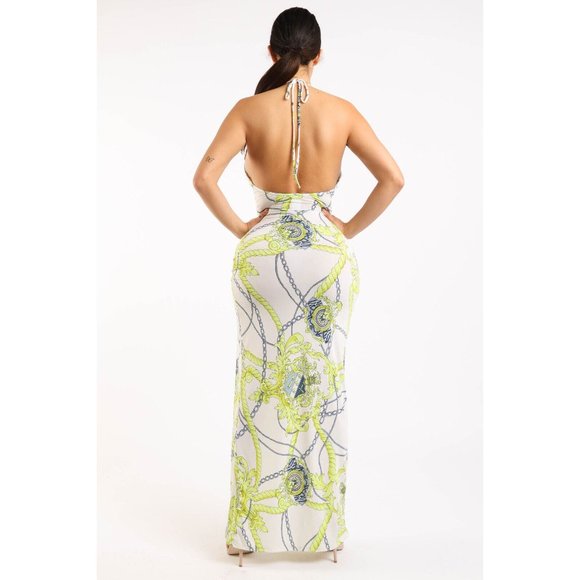 Women's Printed Halter Long Maxi Dress Strappy Sleeve Cut Out Front Sexy Cute - Picture 10 of 10